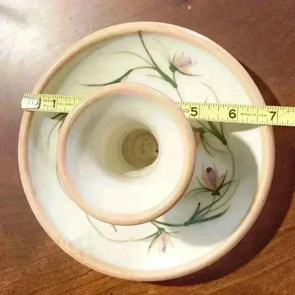 Peach Floral Ceramic Pottery Single Candle Holder Plate Signed. - Picture 5 of 6
